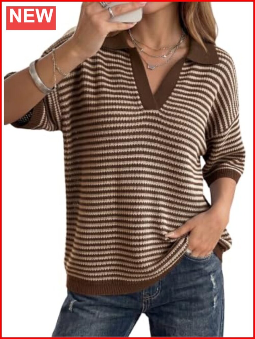 Dokotoo Womens Striped Knit Sweater Collared V Neck Half Sleeve Pullover Top
